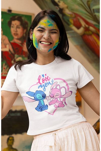 Fuddy Moda Crop Top cu imprimeu Love You Written Stitch Angel, bluză de damă drăguță cu imprimeu Stitch