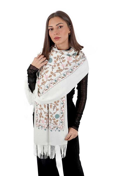 Bursa İpek Cream Embroidered Winter Shawl