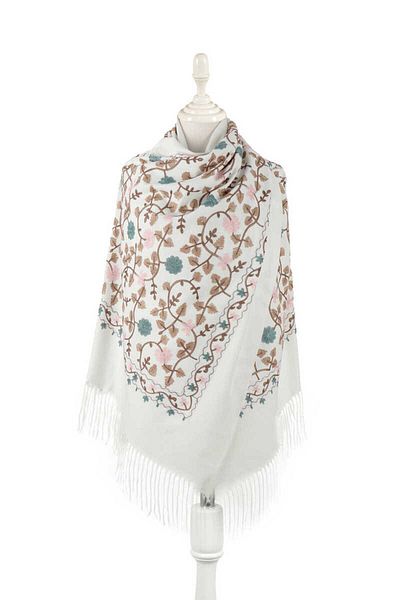 Bursa İpek Cream Embroidered Winter Shawl