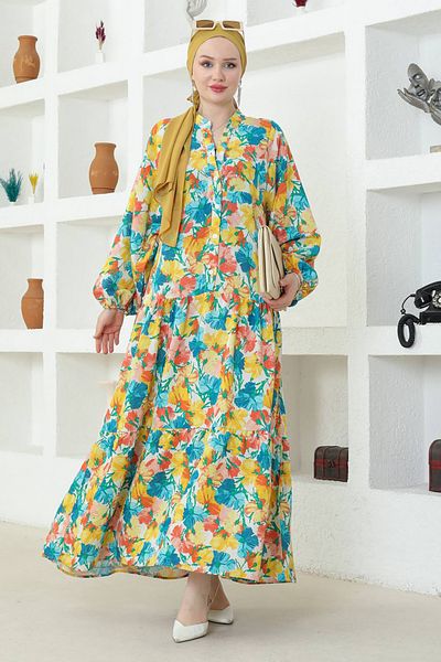 MODAQU Floral Linen Dress - Yellow