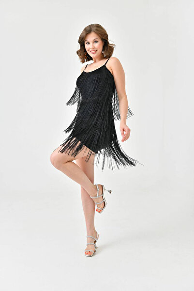 Neşeli Butik kadın mini askılı pulpayet saçaklı abiye elbise NBS9350