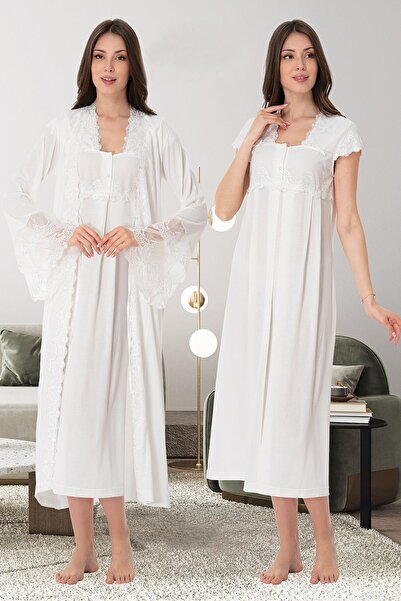 Lohussa Kadın Ekru  Özel Tasarım Dantelli Pamuklu Hamile Lohusa Sabahlık Gece...
