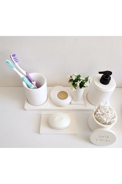 NIDAGE Σετ μπάνιου από λευκό μαρμάρινο σκυρόδεμα - Τουαλέτα, WC, Δοχείο υγρού σαπουνιού, Σετ αξεσουάρ θήκης οδοντόβουρτσας