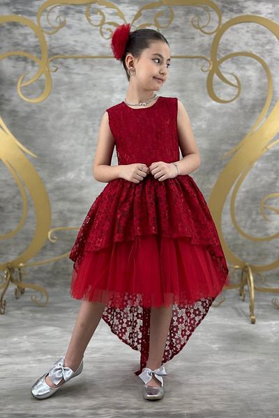 ABİYEKİDS Red Lace Style Tailed Model Graduation Children's Evening Dress