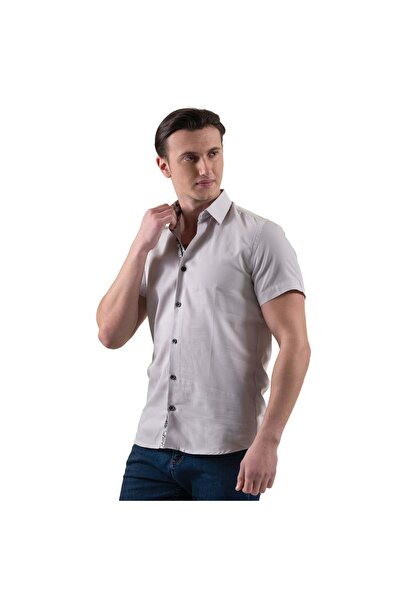 Exve Exclusive Gray Cotton Slim Fit Short Sleeve Summer Shirt with Floral Print Detail on the Collar and Chest Garni Patch