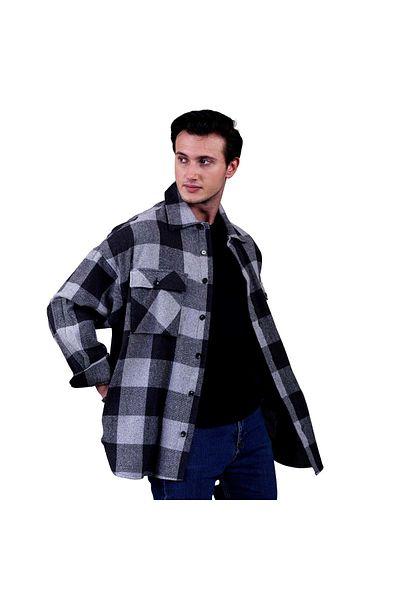 Exve Exclusive Cămașă de iarnă oversize, cu 4 buzunare, în carouri, negru, gri, în carouri