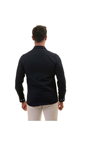 Exve Exclusive Navy Blue Oxford Slim Fit Shirt with Leaf Pattern on Collar and Cuffs