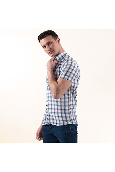 Exve Exclusive Μπλε Λευκό καρό καρό κοντομάνικο καλοκαιρινό πουκάμισο με λεπτή εφαρμογή