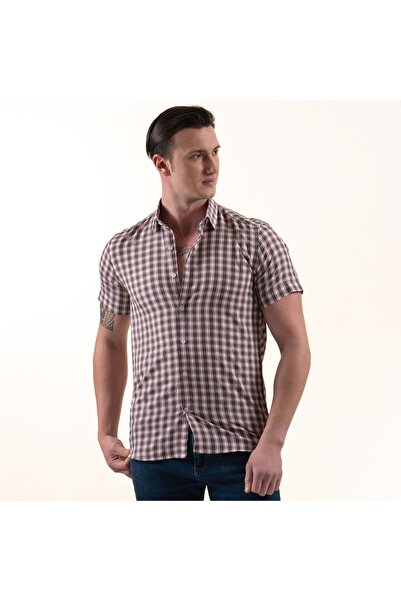 Exve Exclusive Red Black White Plaid Checked Slim Fit Short Sleeve Summer Shirt