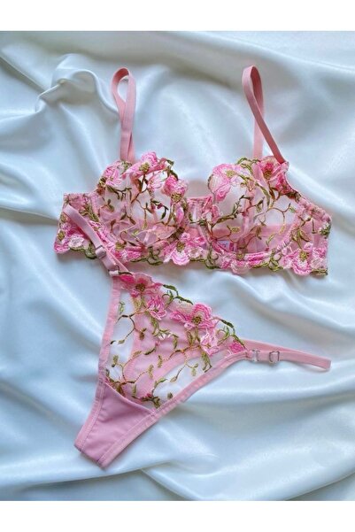 ARONA Pink Floral Print Embroidered Underwire Bralet Set