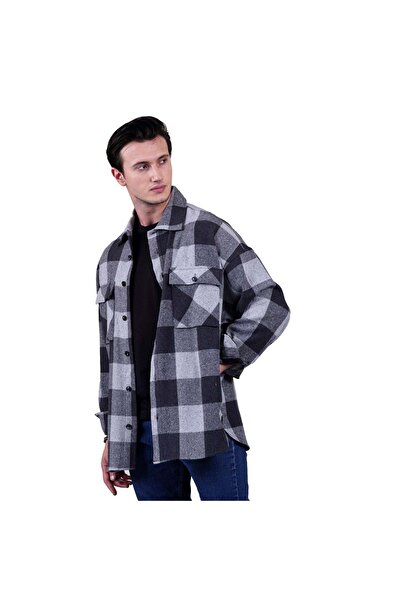 Exve Exclusive Μαύρο γκρι καρό καρό Oversize Χειμερινό πουκάμισο με 4 τσέπες Loose Lumberjack Plus Size