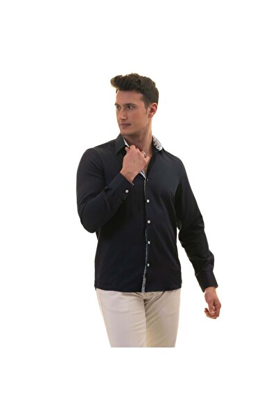 Exve Exclusive Navy Blue Oxford Slim Fit Shirt with Leaf Pattern on Collar and Cuffs
