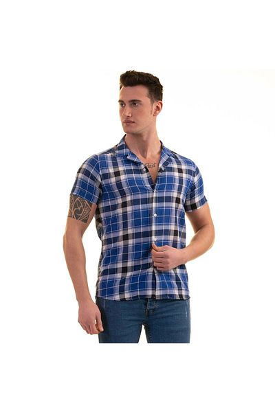 Exve Exclusive Cămașă pentru bărbați, albastru, albastru, albastru, carouri, bumbac, respirabilă, slim fit