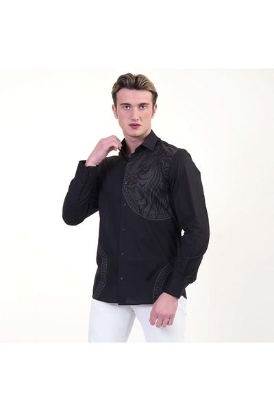 Exve Exclusive Smoked Lion & Waterway on Black Print Slim Ειδικού Σχεδιασμού Άνετο ανδρικό πουκάμισο με χαλαρή εφαρμογή
