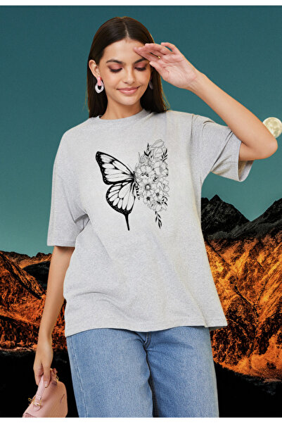 hello tekstil Υπερμεγέθες Βαμβακερό T-Shirt - Με στάμπα πεταλούδας