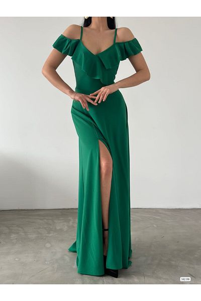 ModaLy Moda ΦΟΡΕΜΑ ΒΡΑΔΙΝΟ ΦΟΡΕΜΑ ΜΕ ΠΡΑΣΙΝΟ ΕΛΑΣΤΙΚΟ ΚΡΕΠ ΎΦΑΣΜΑ ΣΤΟ ΛΟΥΡΙ 582190 699