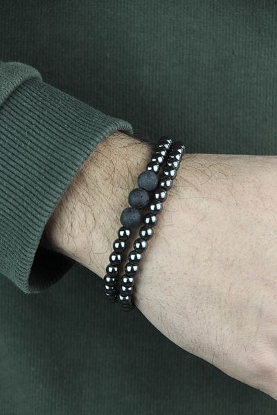 Zuk Collection Set of 2 Natural Stone Bracelet with Hematite and Lava Stone Gift Wooden Box