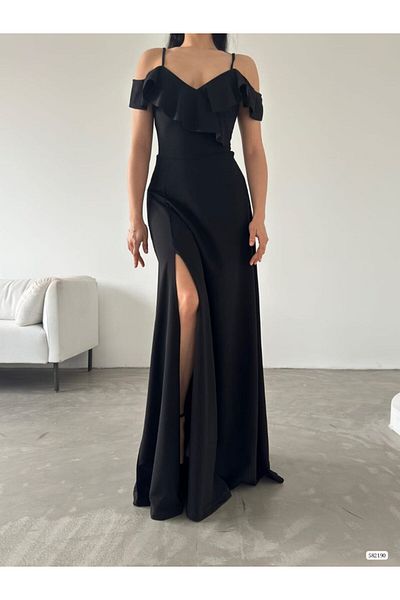 ModaLy Moda ΦΟΡΕΜΑ ΒΡΑΔΙΝΟ ΦΟΡΕΜΑ ΜΕ ΛΟΥΡΙ ΜΑΥΡΟ ΕΛΑΣΤΙΚΟ ΚΡΕΠ ΎΦΑΣΜΑ 582190 699