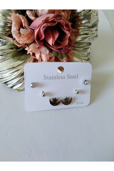MİRAKSESUAR Moon-Star Silver Multiple Steel Earring Set
