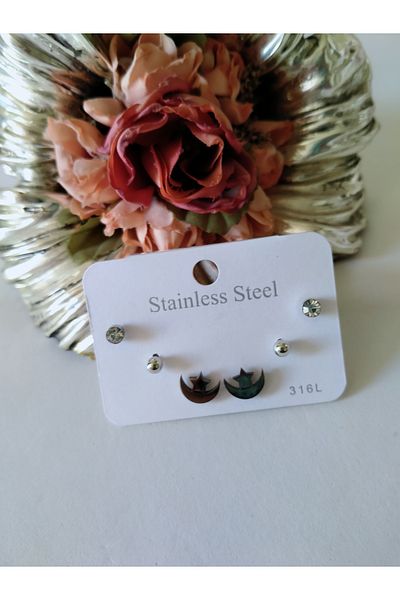 MİRAKSESUAR Moon-Star Silver Multiple Steel Earring Set
