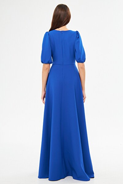 lovebox Еластична тканина V-подібний виріз Гумка на талії Кнопки Максі довжина Кльош Великий розмір Сакс Синя вечірня сукня 422