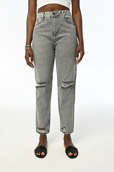 Orfeo Negro Women's Stone Embroidered Gray Color Ripped Knees and Leg High Waist Boyfriend Jeans Jeans