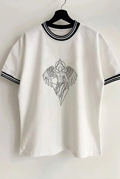 Vordevia Tricou unisex supradimensionat alb cu nervuri cu imprimeu înger, gul...