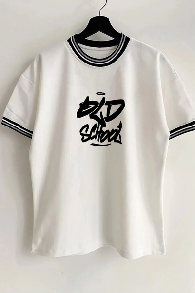 Vordevia Tricou unisex supradimensionat alb cu nervuri, cu guler și mâneci, c...