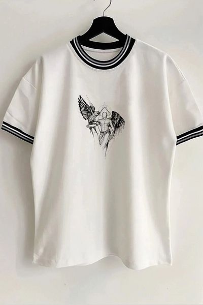 Vordevia Μπλουζάκι Unisex με στάμπα Angel New Season με λεπτομέρεια με πέτο και μανίκια με ραβδώσεις