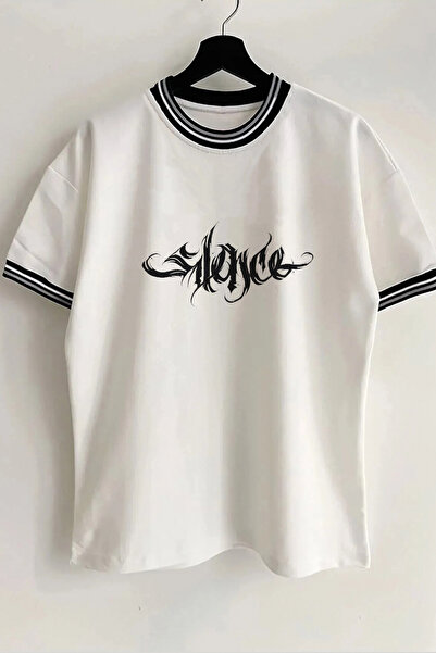 Vordevia Tricou unisex supradimensionat alb cu nervuri, cu guler și mâneci, i...