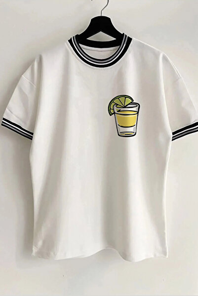 Vordevia تيشيرت تيكيلا ليمون مطبوع للموسم الجديد بياقة وأكمام مضلعة بيضاء كبي...