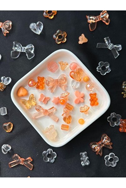 Bijumix Aksesuar 40 Adet Karışık Figürlü Plastik Boncuk Turuncu Şeffaf Takı Y...