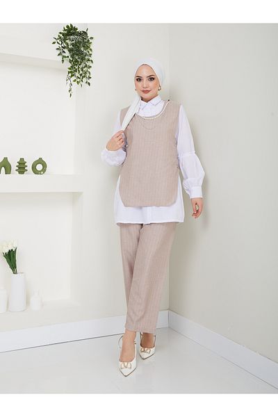 VOLT CLOTHİNG WOMEN'S NECKLACE DETAIL SHIRT COLLAR STRIPED TRIPLE VEST SET