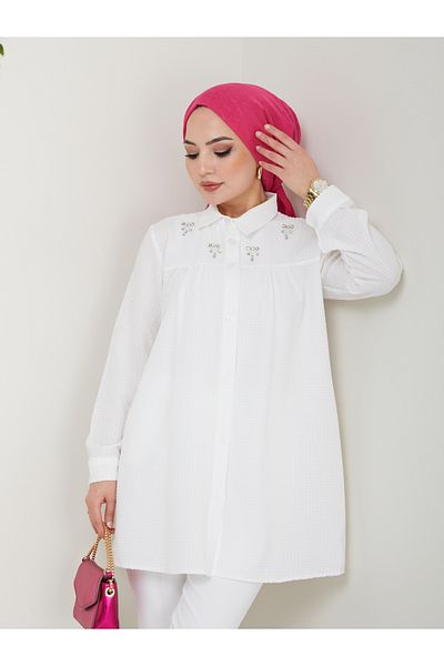 VOLT CLOTHİNG Damen Hijab-Tunika mit Hemdkragen und Schmucksteinen