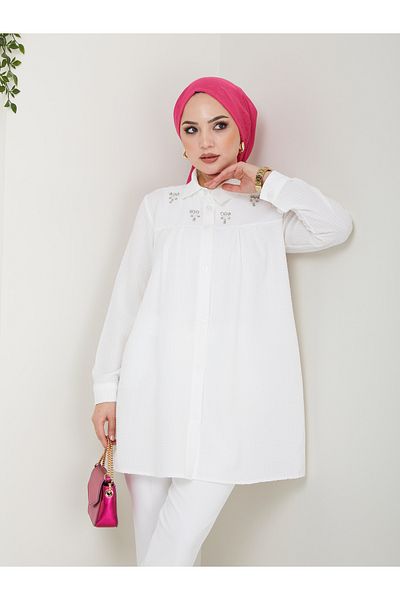 VOLT CLOTHİNG Damen Hijab-Tunika mit Hemdkragen und Schmucksteinen