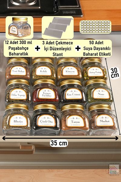 color house 12 Pieces Pasabahce Glass Jar Spice Rack and 3 Pcs Drawer Organizer Plexi Stand (35cm*10cm)