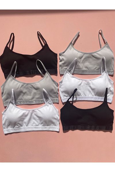 LEYNA BUTİK 2 Black, 2 White and 2 Grey Corded Cotton Half Tank with Pads (M=70-75,L=80-85,XL=90-95,2XL=100-105)