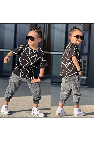 Elvinsa Чорний випраний костюм для хлопчиків зі штанами та футболкою з м'якої...