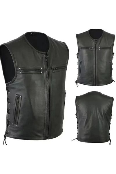 NYC GİYİM TEKSTİL Cooper genuine leather vest with side laces and zip closure