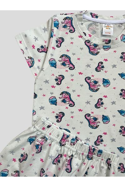 elmas kids Girl's 100% Cotton Sea Horse Patterned Short Sleeve Shorts Summer Pajamas Set