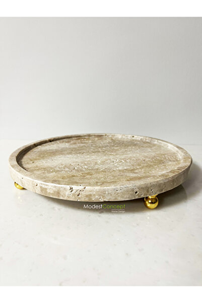 Modestmar Doğal Traverten Yuvarlak Tepsi, Mermer Düzenleyici 28cm VC Godl Top Ayaklı