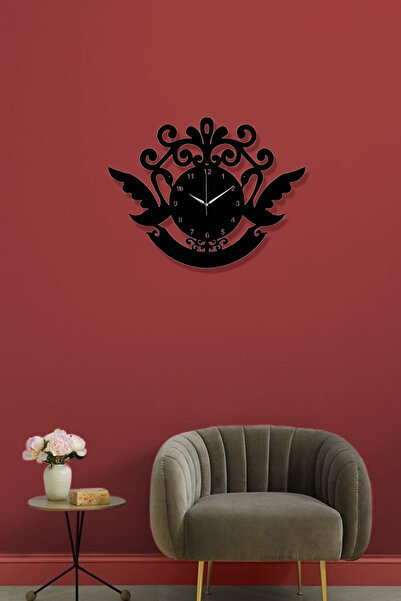 Ensa Design Kuğu Motifli Ahşap Duvar Saati - Kuğulu Duvar Saati - Salon Moder...