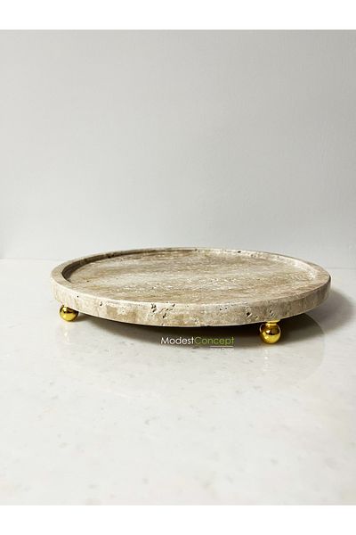 Modestmar Natural Travertine Round Tray, Marble Organizer 28cm VC Godl Ball Stand