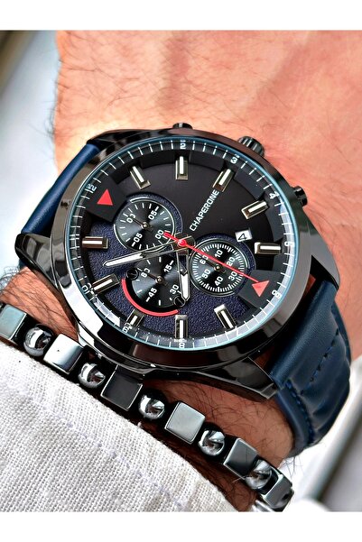 Chaperone Lacivert Deri Kordon Fonskiyonlu Spor Erkek Kol Saati + BİLEKLİK HE...