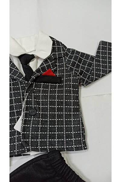 Efbey kids Erkek bebek takım elbisesi kareli desen pamuklu kıravatlı