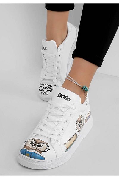 Dogo Pantofi albi din piele vegană de damă - The Wise Owl Design