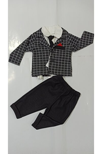 Efbey kids Erkek bebek takım elbisesi kareli desen pamuklu kıravatlı