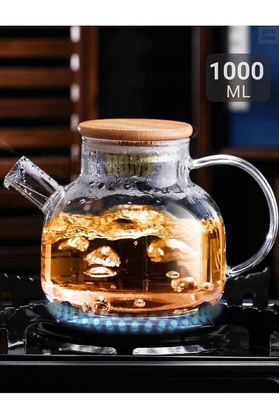 Jet's Home Glass Teapot Heat Resistant Teapot Bamboo Vacuum Lid 1000 ml