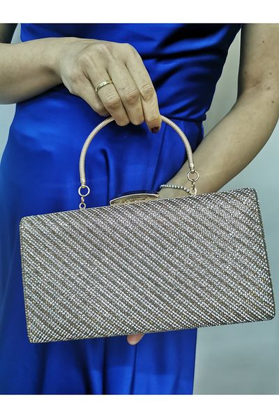 NAZART Γυναικείο βραδινό φόρεμα από πέτρινο χρυσό Clutch Portfolio Chain Strap Hand Wedding Engagement Night Shoulder Bag