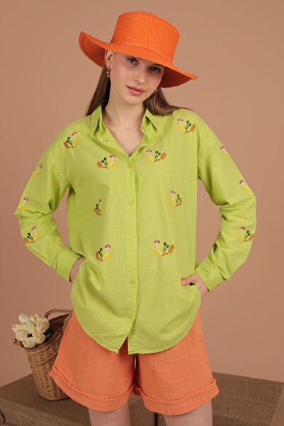 Ottawe Kadın Keten Kumaş Çıtır Çiçek Nakışlı Gömlek